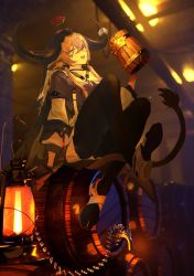 1girl :d animal_ears arknights barrel black_legwear brown_hair ceiling_light commentary_request cow_ears cow_girl cow_horns cow_tail cup flower full_body green_eyes holding holding_cup horn_ornament horn_ring horns indoors kuma20151225 lantern long_sleeves looking_at_viewer miniskirt open_mouth pallas_(arknights) pleated_skirt purple_shirt red_flower red_rose revision rose shirt short_hair_with_long_locks sidelocks sitting skirt smile solo tail white_footwear white_skirt