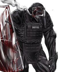 absurdres armor ballistic_shield black_gloves black_pants blood blood_on_clothes bloody_weapon body_armor bulletproof_vest chainsaw_man cowboy_shot crack cracked_glass elbow_pads gloves helmet highres original pants s.w.a.t. sharp_teeth shield shoulder_armor simple_background slapknutts smoke solo tactical_clothes teeth weapon white_background