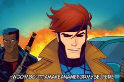 2boys absurdres blade_(marvel) blade_(series) bodysuit brown_hair coat colored_sclera crossover dark_skin deadpool_&amp;_wolverine deadpool_(series) dhampir english_text facial_hair gambit highres holding looking_at_viewer male_focus marvel marvel_cinematic_universe multiple_boys multiple_crossover red_eyes smgold smile spider-man:_the_animated_series spider-man_(series) superhero_costume trench_coat undead vampire x-men x-men:_the_animated_series