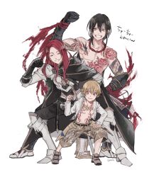 3boys armor bad_tag child_gilgamesh_(fate) choo_choo_train closed_mouth conohi_(snvcenni) fate/grand_order fate_(series) flower_tattoo full_body gilgamesh_(fate) grin long_hair multiple_boys ponytail red_hair shoes short_hair shorts smile sneakers standing tattoo topless_male tristan_(fate) white_background yan_qing_(fate)