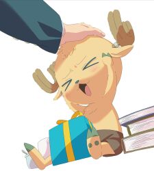 &gt;_&lt; 2boys antlers blue_nose blush book box closed_eyes commentary dr._hiluluk dutch_angle gift gift_box hand_on_another&#039;s_head highres horns male_focus mixed-language_commentary multiple_boys no_headwear odashi_(dashi_oishi) official_art one_piece out_of_frame reindeer_antlers shorts simple_background tony_tony_chopper white_background
