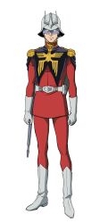 1boy blonde_hair boots capelet char_aznable domino_mask epaulettes eye_mask full_body gloves gun gundam gundam_gquuuuuux helmet highres holding holding_gun holding_weapon looking_at_viewer male_focus mask military_uniform official_art simple_background solo standing transparent_background weapon white_boots white_gloves zeon