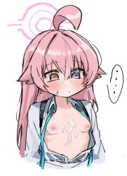 ... 1girl ahoge aqua_necktie blue_archive blue_eyes blush breasts chest_strap collarbone collared_shirt commentary_request cropped_arms cropped_torso crossed_bangs cum cum_on_chest dress_shirt frown hair_between_eyes hair_flaps halo heterochromia highres hoshino_(blue_archive) huge_ahoge loli long_hair long_sleeves necktie nipples open_clothes open_shirt orange_eyes pink_hair pink_halo shirt sidelocks simple_background small_breasts solo speech_bubble spoken_ellipsis sweat undone_necktie upper_body white_background white_shirt ymm_(nxvd3735)