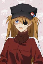 1girl animal_hands animal_print black_hat blue_eyes cat cat_paws cat_print eyepatch fang grey_background hair_between_eyes hat hat_ornament highres jacket long_hair looking_at_viewer neon_genesis_evangelion one_eye_covered open_mouth orange_hair red_jacket red_scarf scarf solo souryuu_asuka_langley striped_clothes striped_jacket unihotate0329 white_cat white_stripes