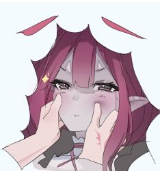 1boy 1girl :v absurdres baobhan_sith_(fate) baobhan_sith_(swimsuit_pretender)_(first_ascension)_(fate) blush cheek_pinching command_spell fate/grand_order fate_(series) fujimaru_ritsuka_(male) grey_eyes highres long_hair obazzotto pinching pink_hair pointy_ears portrait sidelocks sparkle