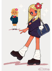 1girl artist_name bag black_boots blue_bag blue_eyes blue_jacket blue_skirt boots bow bowtie dark-skinned_female dark_skin flower full_body gyaru hair_flower hair_ornament hibiscus highres irasutoya irasutoya_challenge jacket looking_at_viewer loose_socks miniskirt multiple_views norixio original red_bow red_bowtie red_flower reference_inset school_uniform shoulder_bag skirt socks standing toy v white_socks