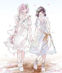 1girl 1other akiyama_mizuki brick_road brown_hair brown_socks choker commentary_request dress falling_petals frilled_dress frills hair_ornament highres kizu_darake_no_te_de_watashi-tachi_wa_(project_sekai) leaf_hair_ornament miku_rinren open_mouth petals pink_hair pink_petals project_sekai puffy_short_sleeves puffy_sleeves sample_watermark shinonome_ena shoes short_sleeves smile socks watermark white_choker white_dress white_shoes white_socks