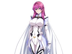 1girl aqua_eyes bodysuit breasts cape covered_erect_nipples covered_navel game_cg gentle_sasaki gloves green_eyes large_breasts long_hair looking_at_viewer non-web_source official_art pink_hair prism_reica purple_hair shindou_hatsune skin_tight smile solo soukou_senki_prism_reica transparent_background white_bodysuit