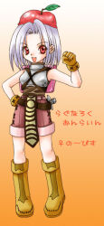 1girl apple_hat_ornament armor backpack bag boots breastplate brown_boots brown_gloves brown_shirt brown_shorts commentary_request full_body gloves grey_hair haruhana1104 looking_at_viewer novice_(ragnarok_online) open_mouth orange_background pelvic_curtain pink_bag ragnarok_online red_eyes shirt short_hair shorts sleeveless sleeveless_shirt smile solo standing translation_request