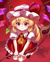 1girl ascot blonde_hair chocoeiru closed_mouth collared_shirt commentary crystal crystal_wings fang fang_out flandre_scarlet flying_sweatdrops frilled_shirt_collar frilled_skirt frills full_moon hat hat_ribbon highres holding holding_weapon laevatein_(touhou) light_smile long_hair looking_at_viewer mob_cap moon multicolored_wings one_side_up pointy_ears puffy_short_sleeves puffy_sleeves red_eyes red_moon red_skirt red_sky red_vest ribbon shirt short_sleeves skirt skirt_set sky solo touhou vest weapon white_hat white_shirt wings yellow_ascot