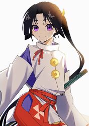 Rule 34 | 1boy, absurdly long hair, absurdres, black hair, blush, closed mouth, commentary request, cowboy shot, curtained hair, dot nose, hakama, highres, holstered, houjou tokiyuki (nige jouzu no wakagimi), japanese clothes, kariginu, long hair, male focus, nige jouzu no wakagimi, ponytail, purple eyes, red hakama, sakuma kou, simple background, smile, solo, sword, very long hair, weapon, white background