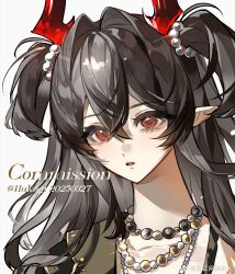 1girl black_hair blush hair_ornament highres long_hair looking_at_viewer original pearl_hair_ornament red_eyes smile solo twintails weibo_7613854186