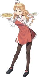 10s 1girl apron bare_shoulders blonde_hair braid breasts brown_eyes dishes female_focus fish food french_braid full_body hat jiji_(aardvark) kantai_collection large_breasts long_hair long_sleeves mini_hat official_art one_eye_closed open_mouth pantyhose pasta saury skirt smile solo spaghetti transparent_background wavy_hair zara_(kancolle)