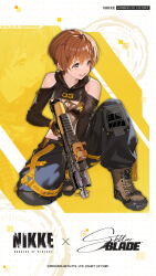 1girl black_hoodie black_leotard black_pants boots breasts brown_boots brown_eyes cargo_pants cleavage clothing_cutout commentary cropped_hoodie crossover english_commentary gloves goddess_of_victory:_nikke gun highres holding holding_gun holding_weapon hood hood_down hoodie knee_pads leotard lily_artemis_ii_(stellar_blade) medium_breasts official_art open_mouth pants short_hair shoulder_cutout smile solo squatting stellar_blade submachine_gun teeth upper_teeth_only weapon yellow_eyes yellow_gloves