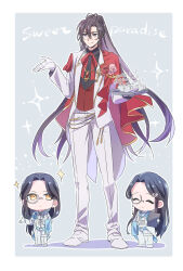 Rule 34 | 3boys, ^ ^, ahoge, alternate costume, alternate universe, ascot, black hair, black shirt, blazer, blue flower, brooch, brothers, cape, chibi, chibi inset, clipboard, closed eyes, closed mouth, contemporary, cup, dated, earrings, english text, epaulettes, flower, food, formal clothes, full body, gem, gloves, grey eyes, hair ornament, hairclip, hand up, highres, holding, holding clipboard, holding towel, holding tray, jacket, jewelry, kimako (kimako 8), lan wangji, lan xichen, long hair, looking at viewer, male focus, modao zushi, monocle, multiple boys, neck ribbon, open clothes, open jacket, pants, pink flower, ponytail, red cape, red flower, red gemstone, red ribbon, red vest, ribbon, rose, shirt, shoes, siblings, single earring, single epaulette, smile, sparkle, suit, tassel, tassel earrings, teacup, teapot, towel, tray, turtleneck, tuxedo, twitter username, very long hair, vest, waitress, watermark, wei wuxian, white ascot, white gloves, white jacket, white pants, white shirt, white shoes, white suit, white vest, yellow eyes
