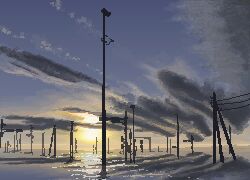 Rule 34 | alarm siren, cloud, cloudy sky, flood, gradient sky, hisachan55cute, no humans, original, pixel art, power lines, reflection, reflective water, ruins, scenery, simple background, sky, sunrise, utility pole