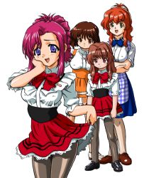 00s 4girls anna_miller apron bandabekken bronze_parrot brown_hair herikawa_koishi kazami_mizuho kobeya_uniform long_hair misumi_kaede morino_ichigo multiple_girls onegai_teacher orange_skirt pantyhose pink_hair plaid_apron plaid_clothes short_hair skirt waitress