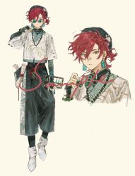 1boy bead_necklace beads black_hat bracelet costume earrings fashion full_body glasses hair_between_eyes hand_up hat highres jewelry layered_sleeves long_sleeves looking_at_viewer male_focus multiple_views necklace original parted_lips pearl_necklace red_hair shirt short_hair short_over_long_sleeves short_sleeves simple_background sleeves_past_wrists socks standing tassel turtleneck white_shirt yellowshark601