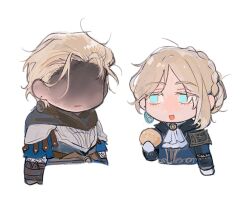 Rule 34 | 1boy, 1girl, armor, blonde hair, blue eyes, braid, brother and sister, cape, chibi, crown braid, duchess (elden ring), earrings, elden ring, elden ring nightreign, food, gloves, jewelry, long hair, rimyzipel, short hair, siblings, simple background, smile, white background, wylder (elden ring)