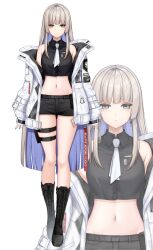 Rule 34 | 1girl, bare shoulders, belt, black boots, black shirt, black shorts, blue eyes, boots, collared shirt, colored inner hair, crop top, full body, highres, indie virtual youtuber, jacket, knee boots, kushinaka, long hair, long sleeves, looking at viewer, midriff, multicolored hair, navel, necktie, off shoulder, open clothes, open jacket, purple hair, shirt, short shorts, shorts, simple background, sleeveless, sleeveless shirt, solo, stomach, thigh belt, thigh strap, thighs, tsukiyono akira, very long hair, virtual youtuber, white background, white hair, white jacket, white necktie, zoom layer