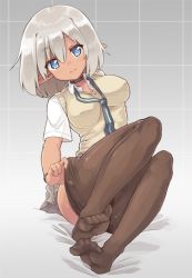 1girl blue_eyes blush breasts brown_pantyhose clothes_pull covered_erect_nipples dark-skinned_female dark_skin feet female_focus looking_at_viewer naka_akira necktie pantyhose pantyhose_pull pointy_ears school_uniform short_hair silver_hair sitting smile solo sweater_vest