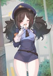 Rule 34 | 1girl, :d, absurdres, azur lane, black hair, black necktie, blue hat, blush, breasts, commentary, covered navel, gloves, gluteal fold, hair ornament, hairclip, hand up, hat, highres, looking at viewer, low twintails, medium hair, mikuchi3939, multicolored hair, necktie, notice lines, official alternate costume, one eye closed, open mouth, outdoors, peaked cap, police, police hat, police uniform, policewoman, red eyes, red hair, red streaks, sharp teeth, simple background, small breasts, smile, solo, teeth, twintails, u-37 (azur lane), u-37 (safekeeper of the streets) (azur lane), v, white background, white gloves