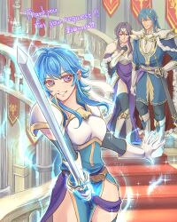 1boy 2girls aged_up ahoge armor armored_boots banner belt black_hair blue_hair blue_tunic boots bracer breastplate breasts cape closed_eyes commission commissioner_upload couple crown elbow_gloves family father_and_daughter fire_emblem fire_emblem:_genealogy_of_the_holy_war fur_trim gloves glowing headband highres holding holding_another&#039;s_arm holding_sword holding_weapon husband_and_wife if_they_mated larcei_(fire_emblem) long_hair medium_breasts mother_and_daughter multiple_girls nintendo original pelvic_curtain popped_collar purple_eyes sash selia seliph_(fire_emblem) sheath sheathed shoulder_armor sidelocks skeb_commission stairs standing sword thighhighs thighs tiara tomboy tunic ursla99 weapon white_headband