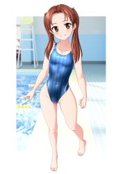 Rule 34 | 1girl, absurdres, blue one-piece swimsuit, breasts, brown eyes, brown hair, chair, commentary request, competition swimsuit, covered navel, full body, girls und panzer, grin, groin, highleg, highleg one-piece swimsuit, highres, kadotani anzu, lifeguard chair, long sleeves, one-piece swimsuit, poolside, small breasts, smile, solo, striped clothes, striped one-piece swimsuit, swimsuit, takafumi, twintails, variant set, walking