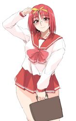 1girl arm_up blush breasts closed_mouth hair_between_eyes hair_ribbon highres holding kamigishi_akari long_sleeves looking_at_viewer medium_breasts pleated_skirt red_eyes red_hair red_sailor_collar red_skirt ribbon sailor_collar school_uniform serafuku short_hair simple_background sketch skirt solo to_heart to_heart_(series) white_background yellow_ribbon zekkyon
