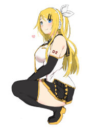 1girl aged_up bare_shoulders black_skirt blonde_hair blue_eyes boots breasts commentary_request detached_sleeves full_body hair_ornament hairclip happy headset heart highres kagamine_rin kagamine_rin_(future_style) long_hair looking_at_viewer miniskirt necktie nishikino_kee number_tattoo pleated_skirt profile sailor_collar shirt simple_background skindentation skirt sleeveless sleeveless_shirt solo squatting tattoo thick_thighs thigh_boots thighhighs thighs vocaloid white_background yellow_necktie zettai_ryouiki
