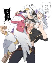 1boy 1girl asta_(black_clover) black_clover carrying carrying_person embarrassed hair_ribbon hand_on_back hand_on_head headband hetero noelle_silva one_armed_carry open_mouth ribbon silver_hair twintails