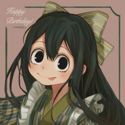 Rule 34 | 1girl, amd aoneko, asui tsuyu, black eyes, blush, boku no hero academia, bow, closed mouth, commentary request, double-parted bangs, frilled kimono, frills, frog girl, green bow, green hair, green kimono, hair between eyes, hair bow, happy birthday, highres, japanese clothes, kimono, long hair, looking at viewer, portrait, smile, solo, tongue, tongue out