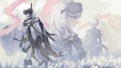 2girls absurdres armor armored_boots boots cloak from_behind from_side goddess_of_victory:_nikke head-mounted_display highres kkaijju liliweiss_(nikke) long_hair multiple_girls snow_white_(nikke) visor_(armor) white_cloak white_hair yellow_eyes