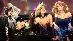 4girls aztexarts blonde_hair blue_eyes breasts dagger_(marvel) dagger_(twilight_duo)_(marvel) earrings fantastic_four formal_clothes gloves guardians_of_the_galaxy highres jewelry large_breasts long_hair looking_at_viewer luna_snow mantis_(marvel) marvel marvel_cinematic_universe marvel_rivals multicolored_hair multiple_girls nail_polish short_hair smile split-color_hair sue_storm