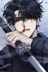 absurdres black_coat black_eyes black_hair black_shirt blood blood_on_face coat collared_shirt cuts dirty dirty_hands gyo_(gyoza143gyoza) highres injury long_sleeves looking_at_viewer male_focus nosebleed omniscient_reader&#039;s_viewpoint parted_bangs shirt short_hair simple_background sword teeth weapon yoo_joonghyuk