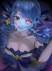 1girl ahoge bare_shoulders black_bow black_gloves bow breasts collarbone dress drill_hair gloves green_hair gwen_(league_of_legends) haamheam_(hamuham) hair_bow highres holding holding_scissors large_breasts league_of_legends long_hair looking_at_viewer scissors smile solo twin_drills twintails