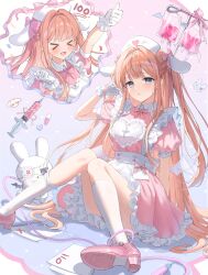 1girl absurdres blonde_hair blue_eyes bow bowtie breasts cross dress full_body hat highres intravenous_drip kuuhaku_(wutt5584) long_hair maid multiple_views nurse_cap original pink_bow pink_bowtie pink_dress pink_shoes shoes sitting small_breasts socks solo stuffed_toy very_long_hair white_socks