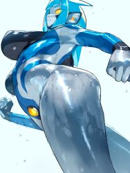 1girl altina_earth blue_hair breasts closed_mouth colored_sclera colored_skin from_below giant giantess highres large_breasts long_hair looking_at_viewer monster_girl nikunopengin original robot simple_background slime_girl solo wet yellow_eyes