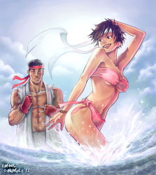 Rule 34 | 1990s (style), 1boy, 1girl, abs, arm up, bandeau, bikini, black hair, breasts, brown eyes, brown hair, capcom, cloud, couple, fingerless gloves, gloves, happy, headband, hip focus, kasugano sakura, legs, midriff, muscular, navel, open clothes, open mouth, pectorals, rafael caravaca, ryu (street fighter), short hair, side-tie bikini bottom, sky, small breasts, smile, strapless, street fighter, street fighter i, street fighter zero (series), sunlight, swimsuit, teeth, tongue, tube top, underboob, wading, water, wide hips, wristband