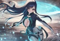 Rule 34 | 1girl, black bodysuit, black hair, black nails, blue eyes, bodysuit, breasts, cleavage cutout, closed mouth, clothing cutout, commentary request, floating hair, goddess of victory: nikke, highres, holding, holding sword, holding weapon, large breasts, long hair, looking at viewer, raven (stellar blade), raven suit (stellar blade), shift up, silver bodysuit, skin tight, solar (happymonk), solo, stellar blade, sword, two-tone bodysuit, very long hair, weapon