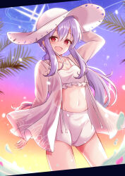 1girl :d arm_at_side arm_up atsuko_(blue_archive) atsuko_(swimsuit)_(blue_archive) backlighting bikini blue_archive blush breasts collarbone commentary_request cowboy_shot cross_halo dusk floating_hair frilled_bikini frills hair_between_eyes halo happy hat highres jacket jewelry long_hair long_sleeves looking_at_viewer low_ponytail navel necklace official_alternate_costume official_alternate_hairstyle open_clothes open_jacket open_mouth outdoors palm_leaf ponytail purple_hair red_eyes see-through_clothes see-through_jacket sidelighting sidelocks small_breasts smile solo sun_hat sunset swimsuit tsurime very_long_hair water_drop white_bikini white_halo white_hat white_jacket yasutarou