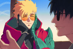 3boys :t black_hair black_shirt blue_background blurry blurry_foreground blush cheek_squash closed_eyes coat dark-skinned_male dark_skin eyes_visible_through_eyewear facial_hair firepok gloves grey_wrist_cuffs grin hand_on_own_cheek hand_on_own_face hand_up hands_on_own_face male_focus messy_hair millions_knives mole mole_under_eye multiple_boys nicholas_d._wolfwood orange-tinted_eyewear out_of_frame partially_fingerless_gloves prosthesis prosthetic_arm red_coat round_eyewear shirt smile spiked_hair stubble sunglasses tinted_eyewear trigun trigun_stampede turtleneck turtleneck_shirt undercut vash_the_stampede wrist_cuffs