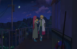 Rule 34 | baby, blonde hair, blue eyes, closed eyes, long hair, male focus, moon, n y, namikaze minato, naruto (series), naruto shippuuden, night, railing, red hair, short hair, sky, standing, utility pole, uzumaki kushina, uzumaki naruto