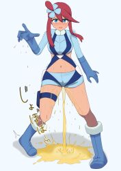 1girl blue_boots blue_eyes blue_gloves boots creatures_(company) crop_top game_freak gloves gym_leader hair_ornament midriff nedame045 nintendo open_mouth pee pee_stain peeing peeing_self pokemon pokemon_bw puddle red_hair short_hair_with_long_locks short_shorts shorts skyla_(pokemon) solo wet wet_clothes