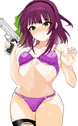 1girl angel_beats! bare_arms bare_shoulders black_hairband black_thighhighs blunt_bangs blush bow bra breasts cameltoe closed_mouth commentary_request cowboy_shot embarrassed floating_hair green_bow green_eyes gun hair_bow hairband handgun hands_up highres holding holding_gun holding_weapon looking_at_viewer medium_breasts medium_hair nakamura_yuri navel nose_blush open_bra panties purple_bra purple_hair purple_panties simple_background single_thighhigh skirt solo split_mouth stomach thighhighs torn_clothes torn_thighhighs underwear underwear_only v-shaped_eyebrows w_arms wavy_mouth weapon white_background zenoo