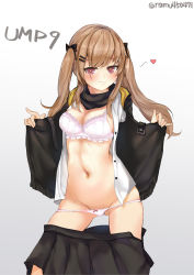 1girl :3 absurdres bad_id bad_pixiv_id black_ribbon blonde_hair blush bow bow_panties bra breasts character_name cleavage clothes_pull girls&#039;_frontline gluteal_fold groin hair_ribbon heart heart-shaped_pupils highres long_hair medium_breasts miramu_(ramu450471) navel open_clothes panties pink_bra pink_panties ribbon scar scar_across_eye scar_on_face skindentation skirt skirt_down skirt_pull smile symbol-shaped_pupils thighs twintails twitter_username ump9_(girls&#039;_frontline) underwear white_background