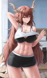 Rule 34 | 1girl, abs, animal ears, arm behind head, arm up, armpits, bare arms, bare shoulders, black bra, black shorts, bra, breasts, cleavage, closed mouth, clothes lift, contrapposto, cowboy shot, diana (trickcal), expressionless, hand in own hair, hand up, highres, horns, indoors, large breasts, lazb., lifting own clothes, looking to the side, navel, red eyes, shirt, shirt lift, short shorts, shorts, sleeveless, sleeveless shirt, solo, stomach, trickcal, underwear, white shirt