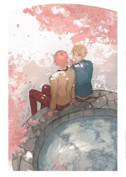 22kolink 2boys blonde_hair blue_jacket border cherry_blossoms cum cum_on_body from_behind highres jacket mahoutsukai_no_yakusoku male_focus multiple_boys outdoors pants pink_hair plaid_clothes plaid_pants pool school_uniform short_hair sitting sweater tree water
