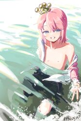 1boy absurdres black_shorts blue_eyes collarbone commentary crown highres male_focus medium_hair mini_crown motimoti_mgmg nipples ocean_prince off-shoulder_shirt off_shoulder open_clothes open_shirt partially_submerged pink_hair pink_shirt puyopuyo puyopuyo_fever_2 salde_canarl_shellbrick_iii shirt shorts single_off_shoulder sitting smile solo splashing sunlight water wet wet_hair