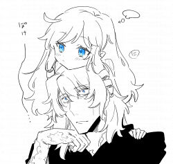 1boy 1girl blue_eyes blush closed_mouth curse_maker curse_maker_1 doctor_magus doctor_magus_4 etrian_odyssey hair_between_eyes hand_up highres long_hair monochrome nikki_kyousuke ringlets shirt simple_background spot_color translation_request white_background